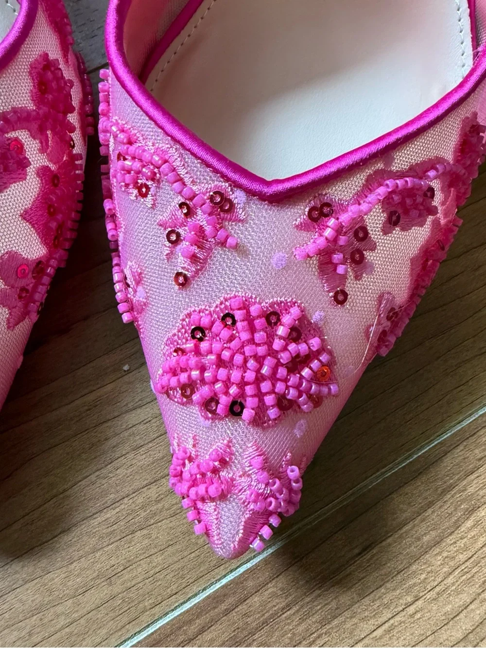 Betsey Johnson Hot Pink Beaded Slingback Heels - Picture 2 of 5